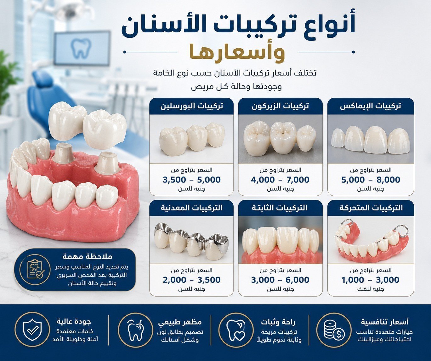 انواع تركيبات الأسنان واسعارها: الدليل الشامل لاختيار أفضل تركيبة لابتسامة صحية