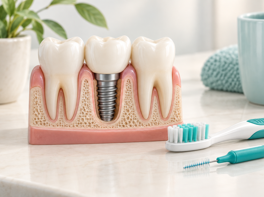 Educational model of a dental implant beside a toothbrush and interdental brush